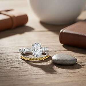 D'Joy Moissanite and Yellow Sapphire 3.30 ctw Set of 2 Bridal Ring in Rhodium Over Sterling Silver (Size 10.0)