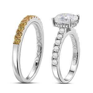 D'Joy Moissanite and Yellow Sapphire 3.30 ctw Set of 2 Bridal Ring in Rhodium Over Sterling Silver (Size 10.0)