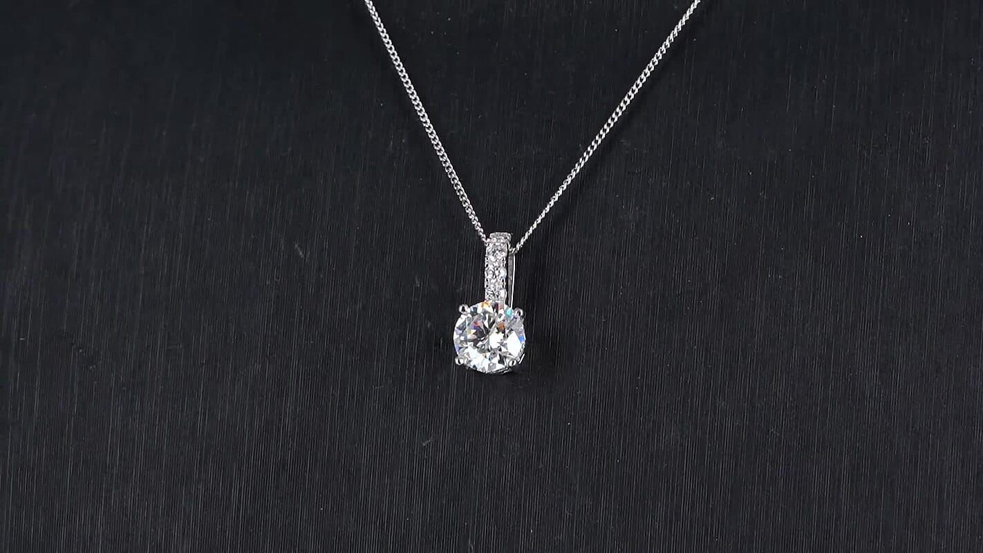D'Joy Moissanite (Rnd 9mm) Pendant Necklace (18 Inches) in Rhodium Over Sterling Silver 2.80 ctw