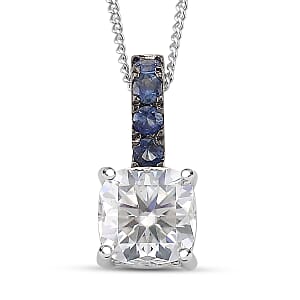 D'Joy Moissanite, Blue Sapphire Bridal Pendant Necklace in Rhodium Over Sterling Silver 2.90 ctw (18 Inches)