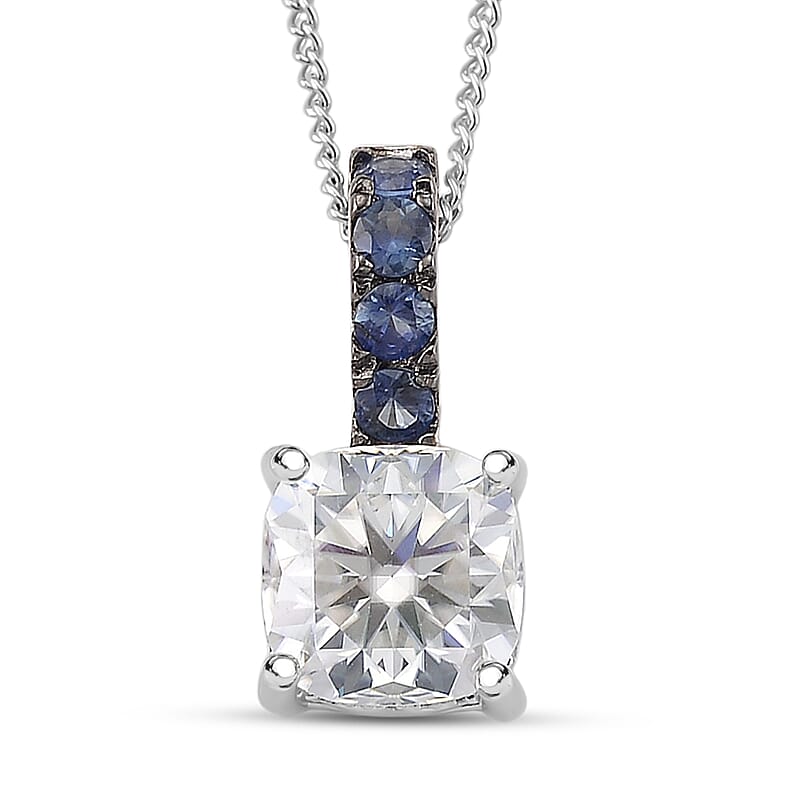 D'Joy Moissanite, Blue Sapphire Bridal Pendant Necklace in Rhodium Over Sterling Silver 2.90 ctw (18 Inches)