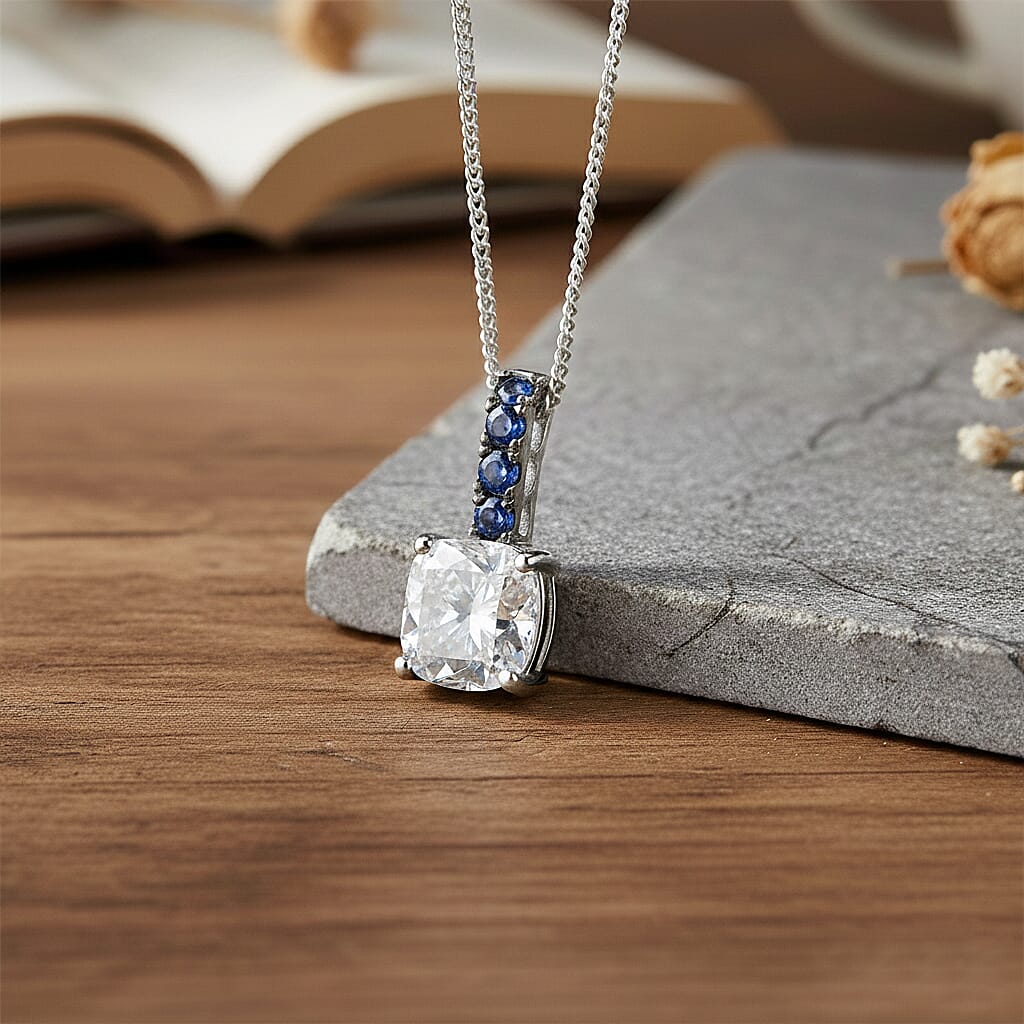 D'Joy Moissanite, Blue Sapphire Bridal Pendant Necklace in Rhodium Over Sterling Silver 2.90 ctw (18 Inches)