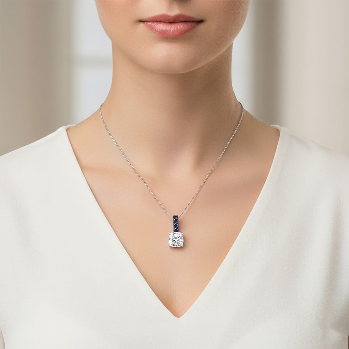 D'Joy Moissanite, Blue Sapphire Bridal Pendant Necklace in Rhodium Over Sterling Silver 2.90 ctw (18 Inches) image number 2