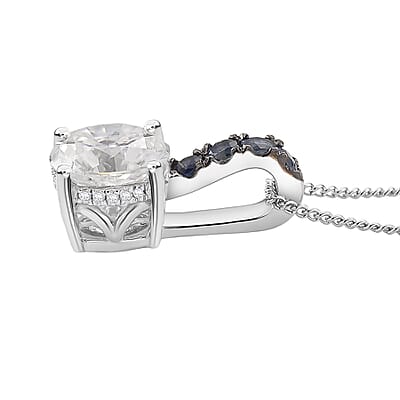 D'Joy Moissanite, Blue Sapphire Bridal Pendant Necklace in Rhodium Over Sterling Silver 2.90 ctw (18 Inches)