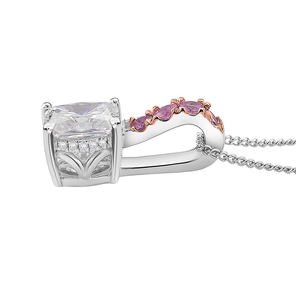 D'Joy Moissanite, Pink Sapphire Bridal Pendant Necklace in Rhodium Over Sterling Silver 2.85 ctw (18 Inches) image number 3