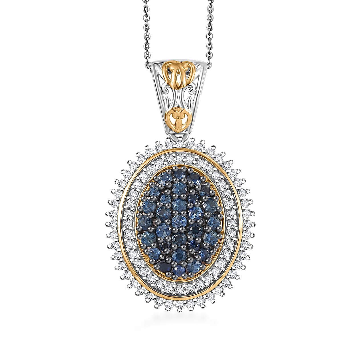 D'Joy Ceylon Sapphire and Moissanite 2.30 ctw Pendant Necklace in 18K Vermeil YG and Rhodium Over Sterling Silver 20 Inches image number 0