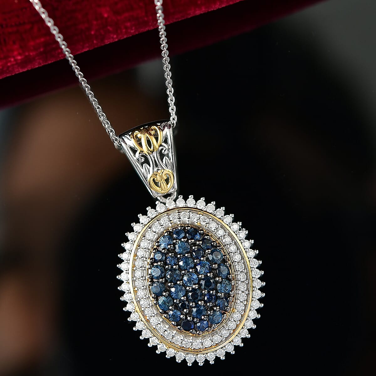 D'Joy Ceylon Sapphire and Moissanite 2.30 ctw Pendant Necklace in 18K Vermeil YG and Rhodium Over Sterling Silver 20 Inches image number 1