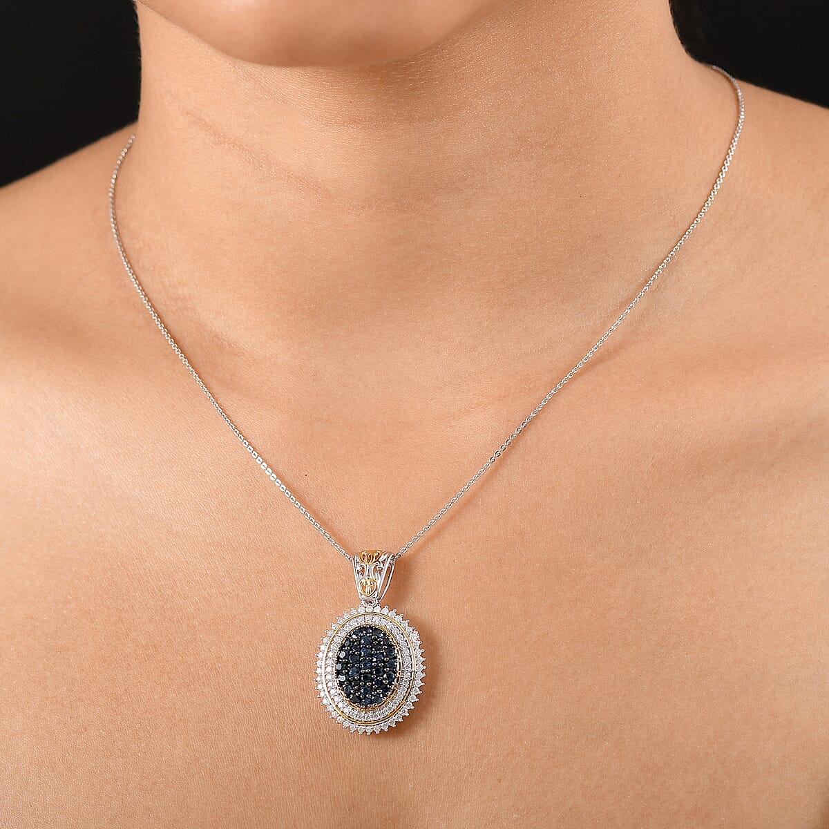 D'Joy Ceylon Sapphire and Moissanite 2.30 ctw Pendant Necklace in 18K Vermeil YG and Rhodium Over Sterling Silver 20 Inches image number 2