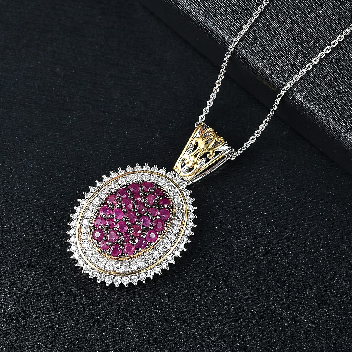 D'Joy Mozambique Ruby and Moissanite 2.60 ctw Pendant Necklace in 18K Vermeil YG and Rhodium Over Sterling Silver 20 Inches image number 1
