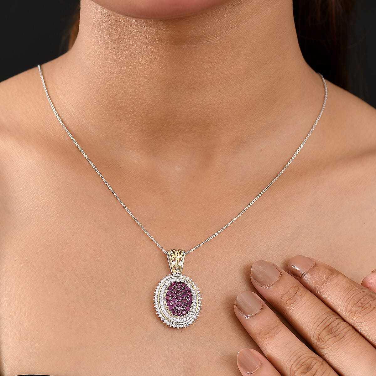 D'Joy Mozambique Ruby and Moissanite 2.60 ctw Pendant Necklace in 18K Vermeil YG and Rhodium Over Sterling Silver 20 Inches image number 2