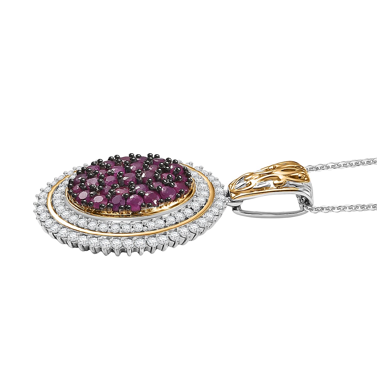 D'Joy Mozambique Ruby and Moissanite 2.60 ctw Pendant Necklace in 18K Vermeil YG and Rhodium Over Sterling Silver 20 Inches image number 3