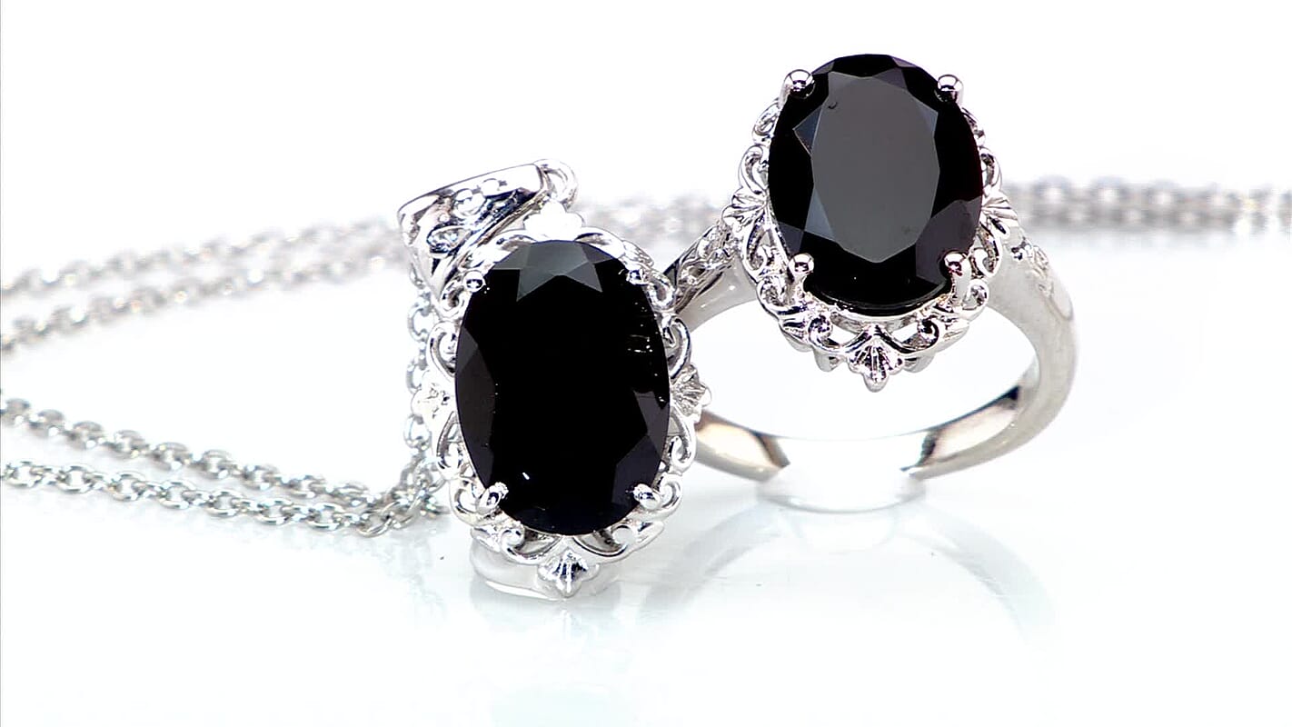 2 Piece Set Thai Black Spinel 15.10 ctw Ring and Pendant Necklace 20 Inches in Stainless Steel