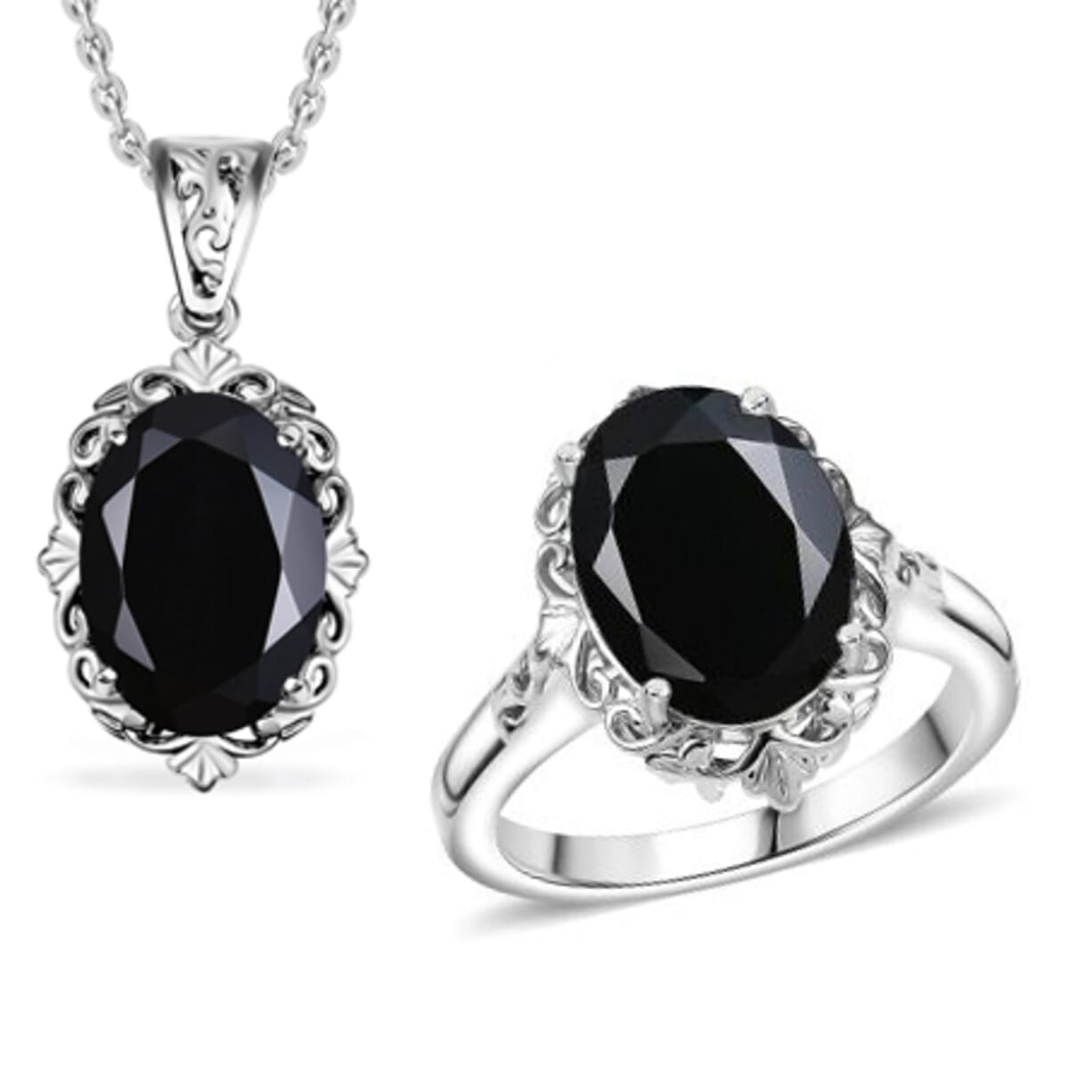 2 Piece Set - Thai Black Spinel 15.10 ctw Ring (Size 8) and Pendant Necklace 20 Inches in Stainless Steel image number 0