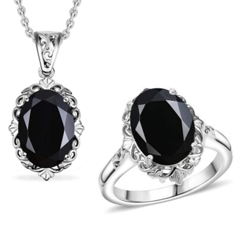 2 Piece Set - Thai Black Spinel 15.10 ctw Ring (Size 8) and Pendant Necklace 20 Inches in Stainless Steel