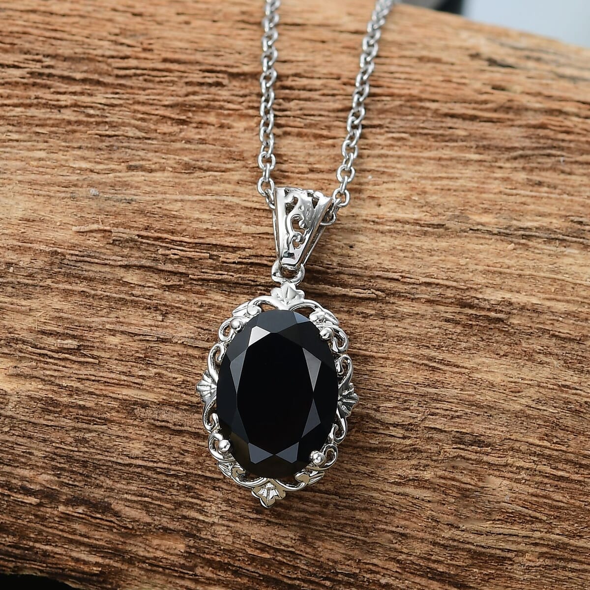 2 Piece Set - Thai Black Spinel 15.10 ctw Ring (Size 9) and Pendant Necklace 20 Inches in Stainless Steel  image number 1