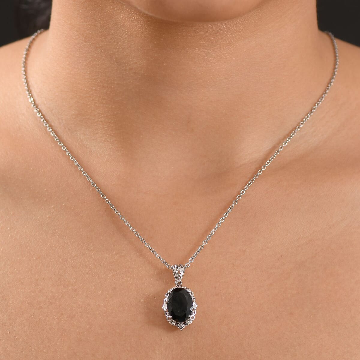 2 Piece Set - Thai Black Spinel 15.10 ctw Ring (Size 9) and Pendant Necklace 20 Inches in Stainless Steel  image number 2