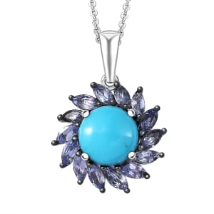 D'Joy Premium Sleeping Beauty Turquoise and  Tanzanite 3.00 ctw Floral Pendant Necklace 20 Inches in Rhodium Over Sterling Silver 