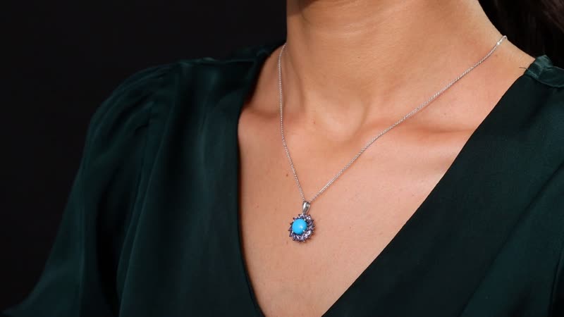 D'Joy Premium Sleeping Beauty Turquoise and  Tanzanite 3.00 ctw Floral Pendant Necklace 20 Inches in Rhodium Over Sterling Silver