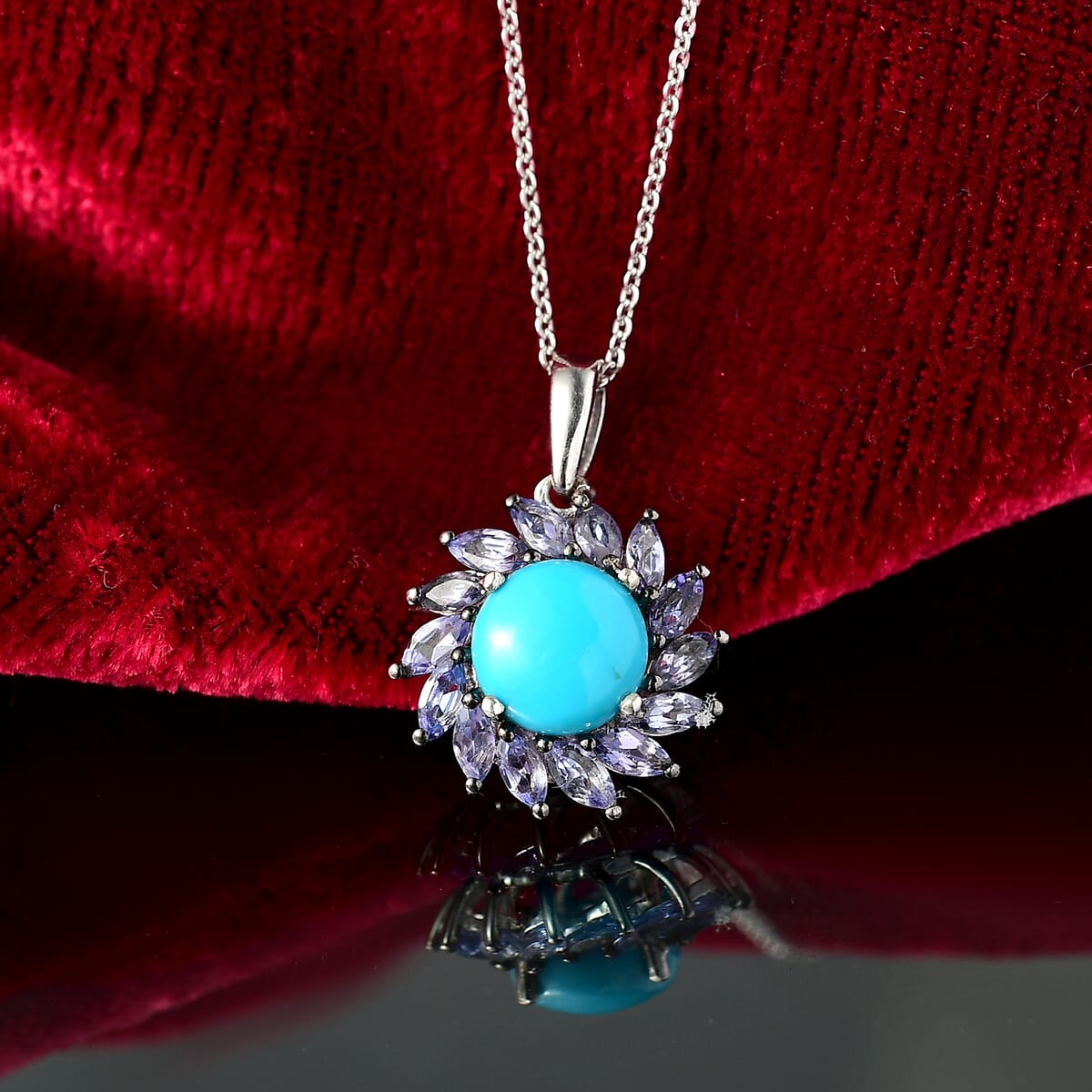 D'Joy Premium Sleeping Beauty Turquoise and  Tanzanite 3.00 ctw Floral Pendant Necklace 20 Inches in Rhodium Over Sterling Silver  image number 1