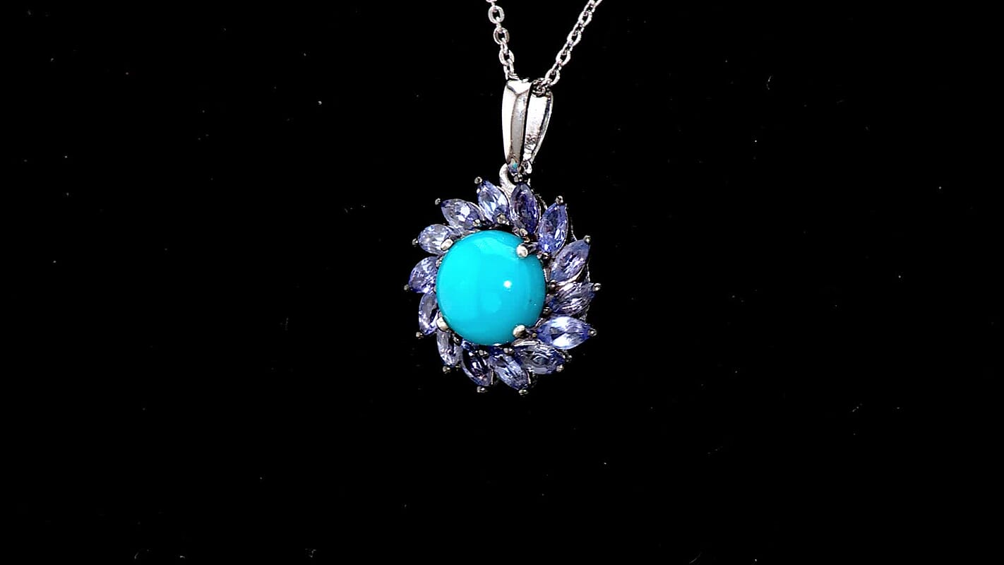 D'Joy Premium Sleeping Beauty Turquoise and  Tanzanite 3.00 ctw Floral Pendant Necklace 20 Inches in Rhodium Over Sterling Silver