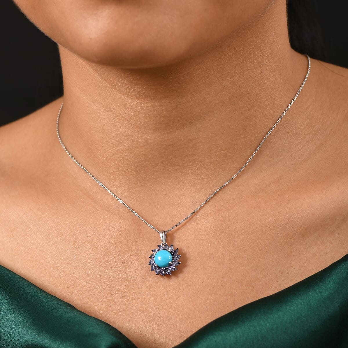 D'Joy Premium Sleeping Beauty Turquoise and  Tanzanite 3.00 ctw Floral Pendant Necklace 20 Inches in Rhodium Over Sterling Silver  image number 2