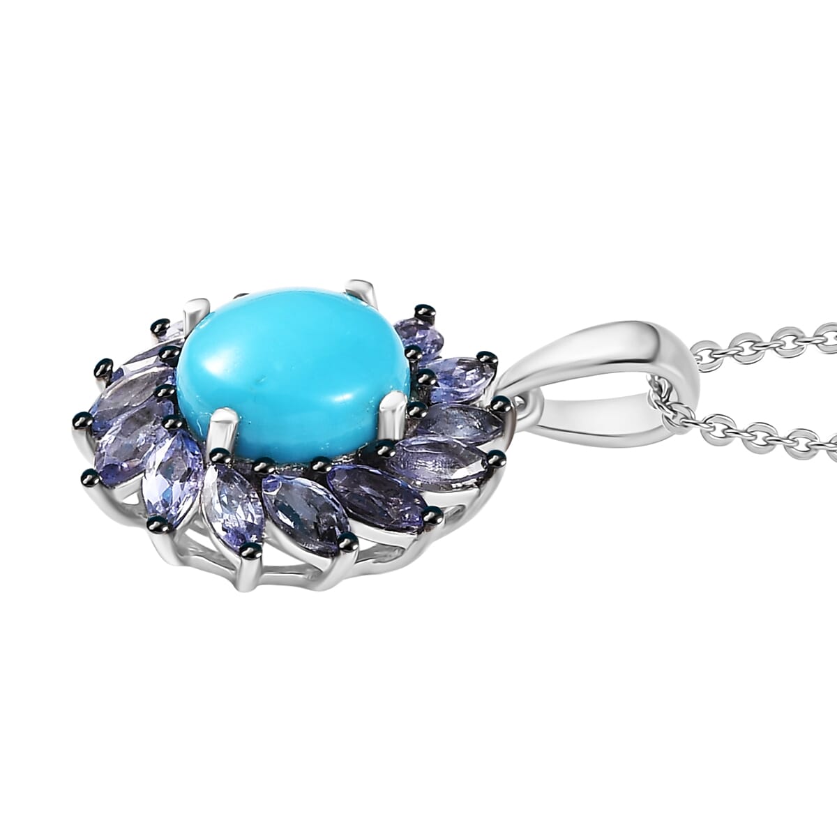 D'Joy Premium Sleeping Beauty Turquoise and  Tanzanite 3.00 ctw Floral Pendant Necklace 20 Inches in Rhodium Over Sterling Silver  image number 3