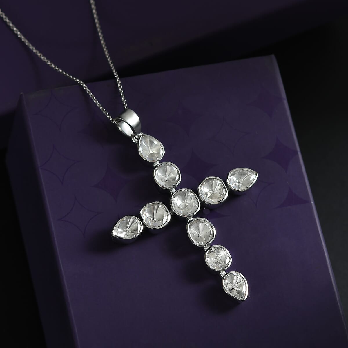 D'Joy Polki Moissanite 2.75 ctw Cross Pendant Necklace 20 Inches in Rhodium Over Sterling Silver image number 1
