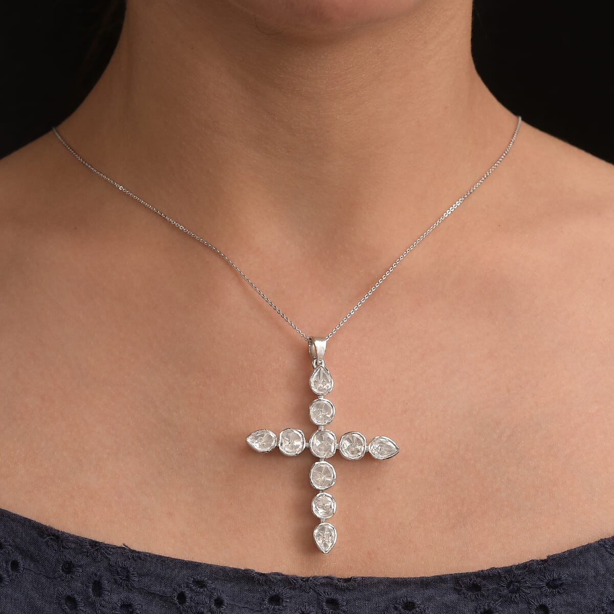 D'Joy Polki Moissanite 2.75 ctw Cross Pendant Necklace 20 Inches in Rhodium Over Sterling Silver image number 2