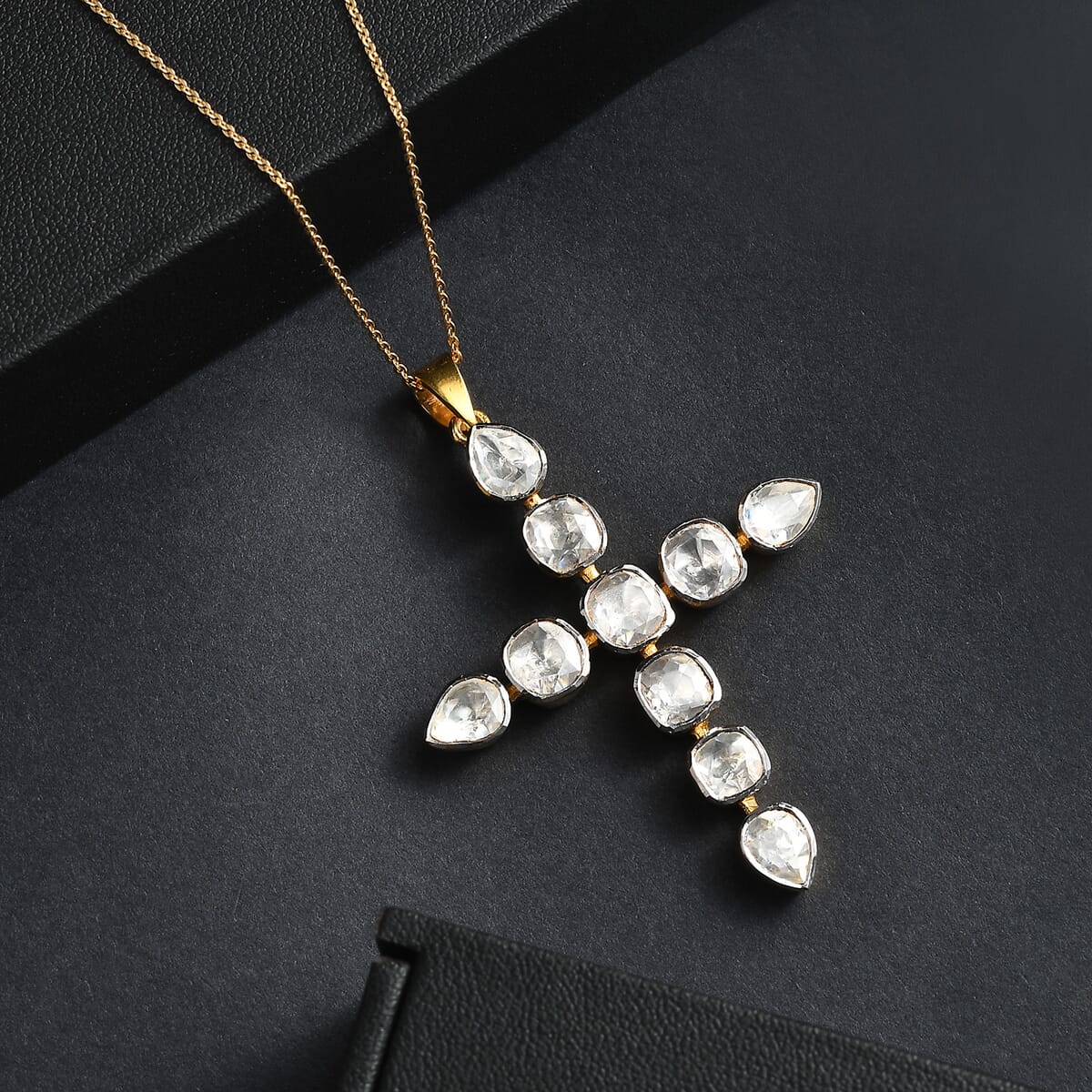 D'Joy Polki Moissanite 2.75 ctw Cross Pendant Necklace 20 Inches in 18K Vermeil Yellow Gold Over Sterling Silver image number 1