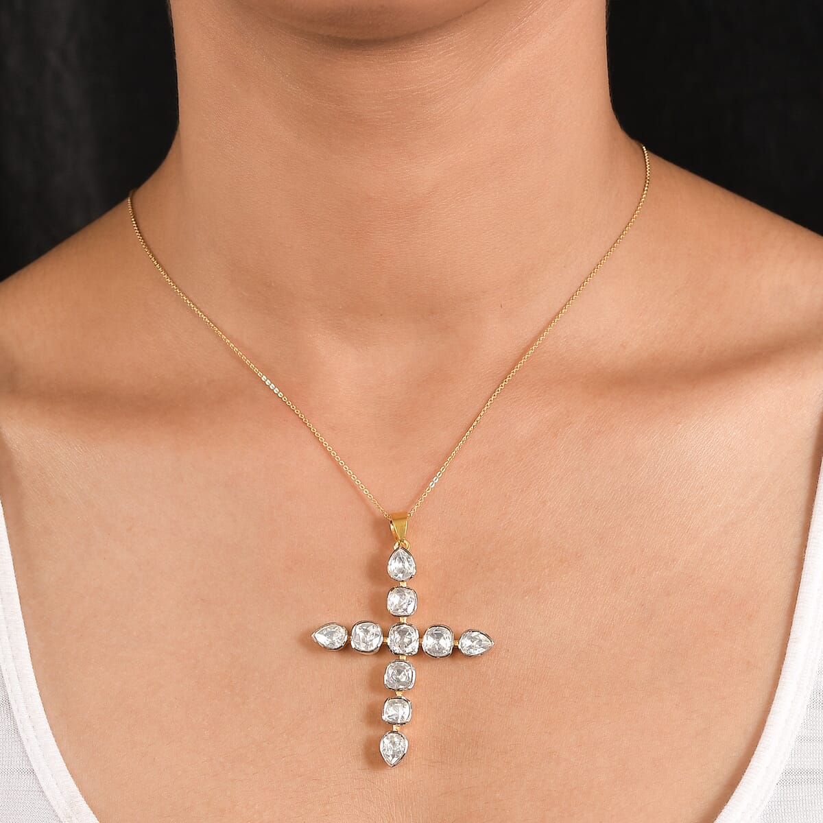 D'Joy Polki Moissanite 2.75 ctw Cross Pendant Necklace 20 Inches in 18K Vermeil Yellow Gold Over Sterling Silver image number 2