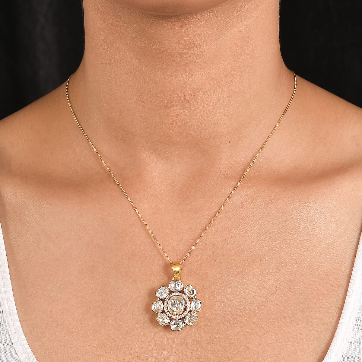 D'Joy Polki Moissanite 1.25 ctw Floral Pendant Necklace 20 Inches in 18K Vermeil Yellow Gold Over Sterling Silver image number 2