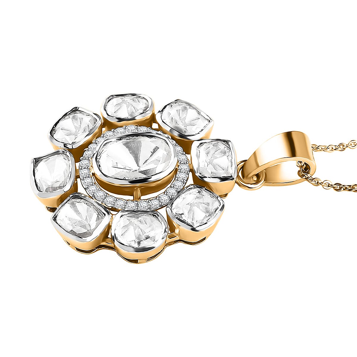 D'Joy Polki Moissanite 1.25 ctw Floral Pendant Necklace 20 Inches in 18K Vermeil Yellow Gold Over Sterling Silver image number 3