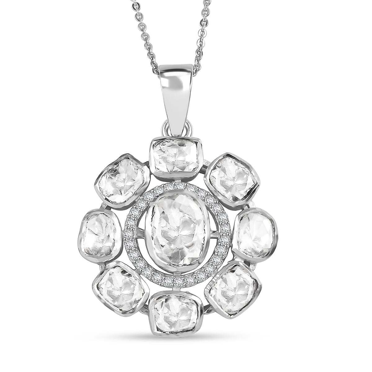 D'Joy Polki Moissanite 1.25 ctw Floral Pendant Necklace 20 Inches in Rhodium Over Sterling Silver image number 0