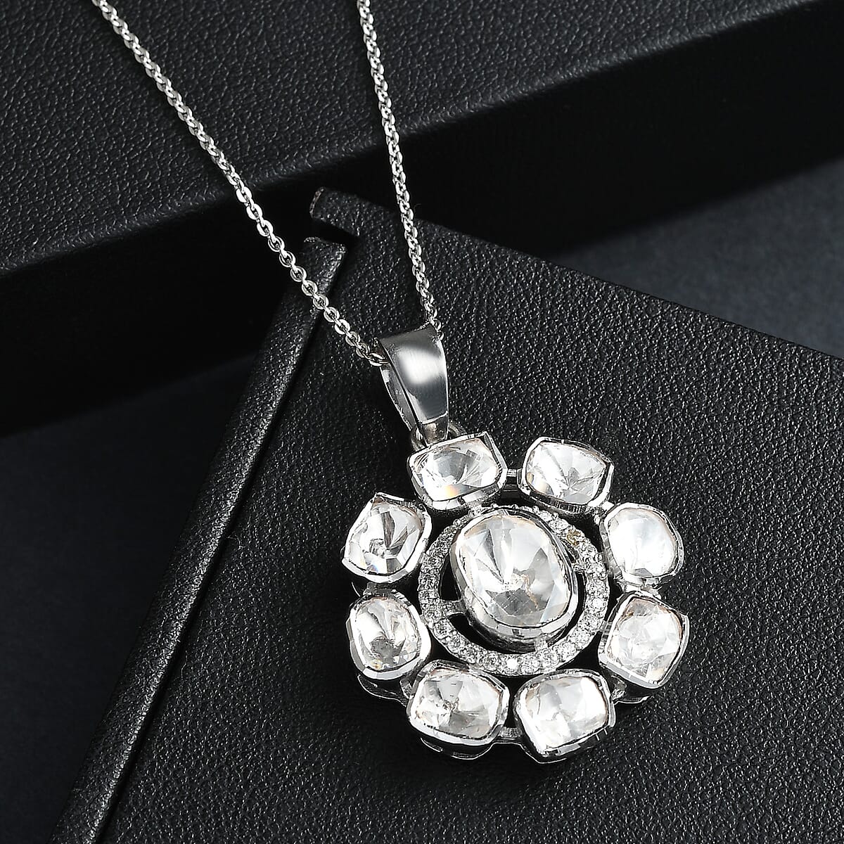 D'Joy Polki Moissanite 1.25 ctw Floral Pendant Necklace 20 Inches in Rhodium Over Sterling Silver image number 1