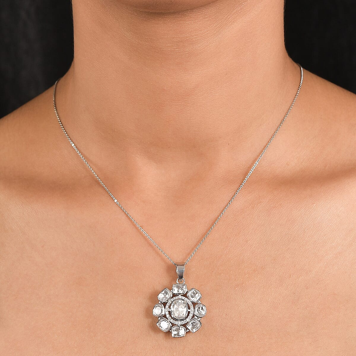 D'Joy Polki Moissanite 1.25 ctw Floral Pendant Necklace 20 Inches in Rhodium Over Sterling Silver image number 2