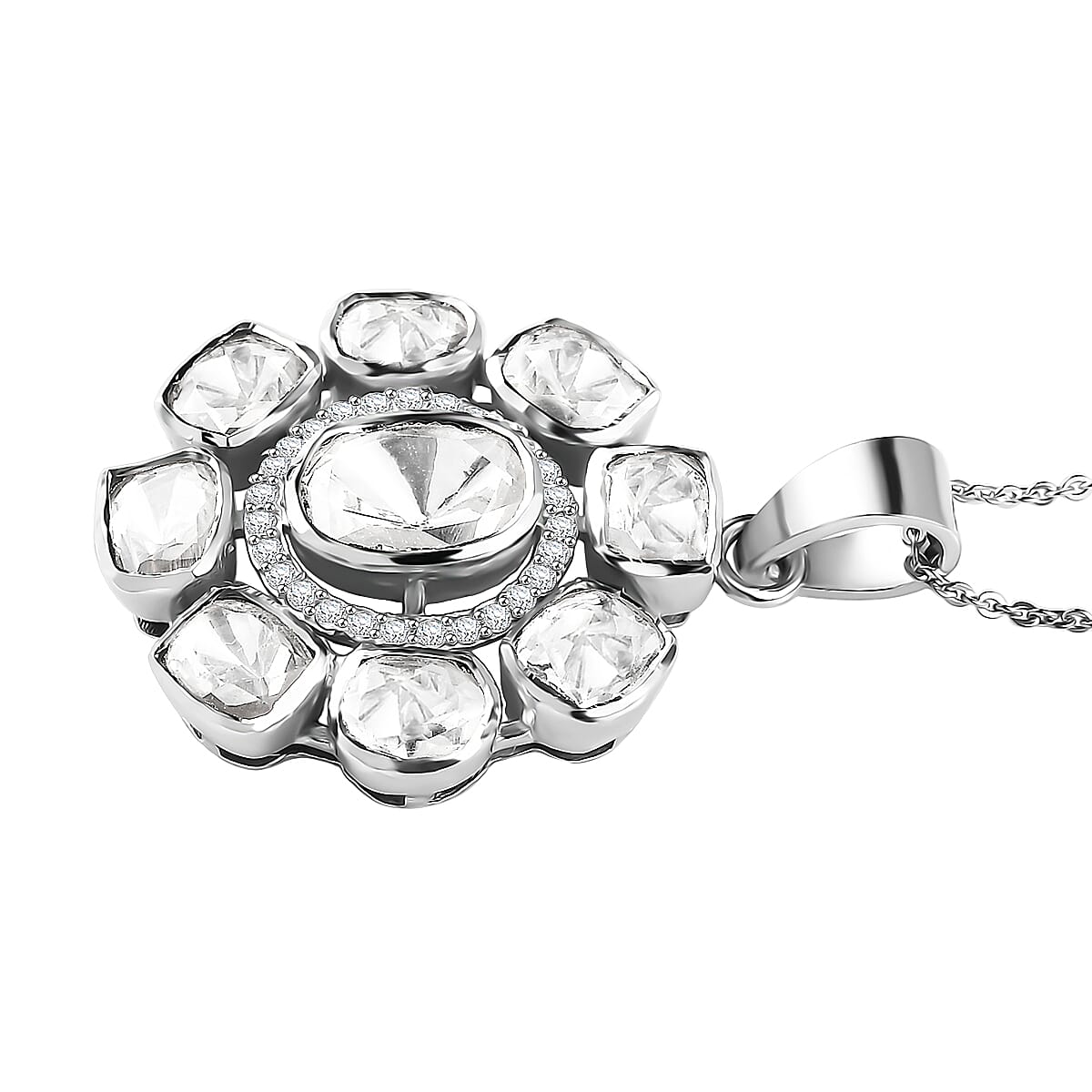 D'Joy Polki Moissanite 1.25 ctw Floral Pendant Necklace 20 Inches in Rhodium Over Sterling Silver image number 3