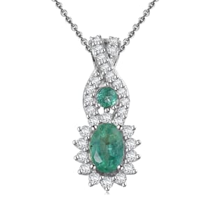 D'Joy Premium Kagem Zambian Emerald and Moissanite 0.90 ctw Eternal Love Pendant Necklace in Rhodium Over Sterling Silver 20 Inches