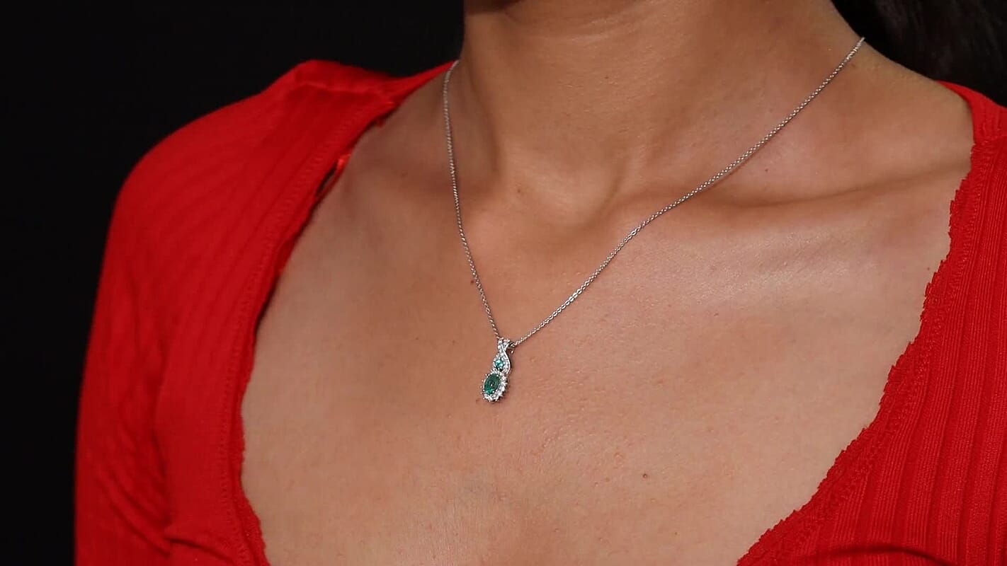 D'Joy Premium Kagem Zambian Emerald and Moissanite 0.90 ctw Eternal Love Pendant Necklace in Rhodium Over Sterling Silver 20 Inches