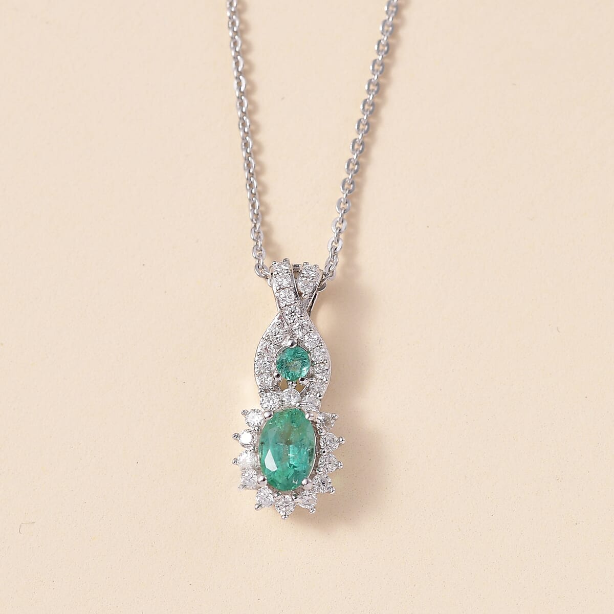 D'Joy Premium Kagem Zambian Emerald and Moissanite 0.90 ctw Eternal Love Pendant Necklace in Rhodium Over Sterling Silver 20 Inches image number 1