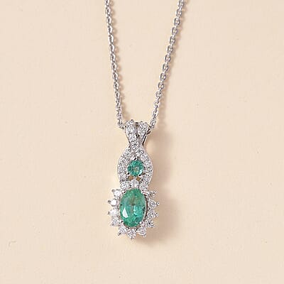 D'Joy Premium Kagem Zambian Emerald and Moissanite 0.90 ctw Eternal Love Pendant Necklace in Rhodium Over Sterling Silver 20 Inches