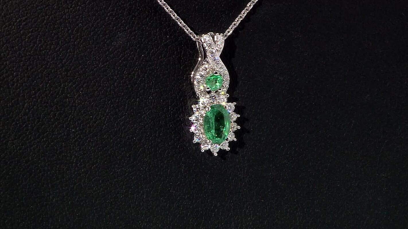 D'Joy Premium Kagem Zambian Emerald and Moissanite 0.90 ctw Eternal Love Pendant Necklace in Rhodium Over Sterling Silver 20 Inches
