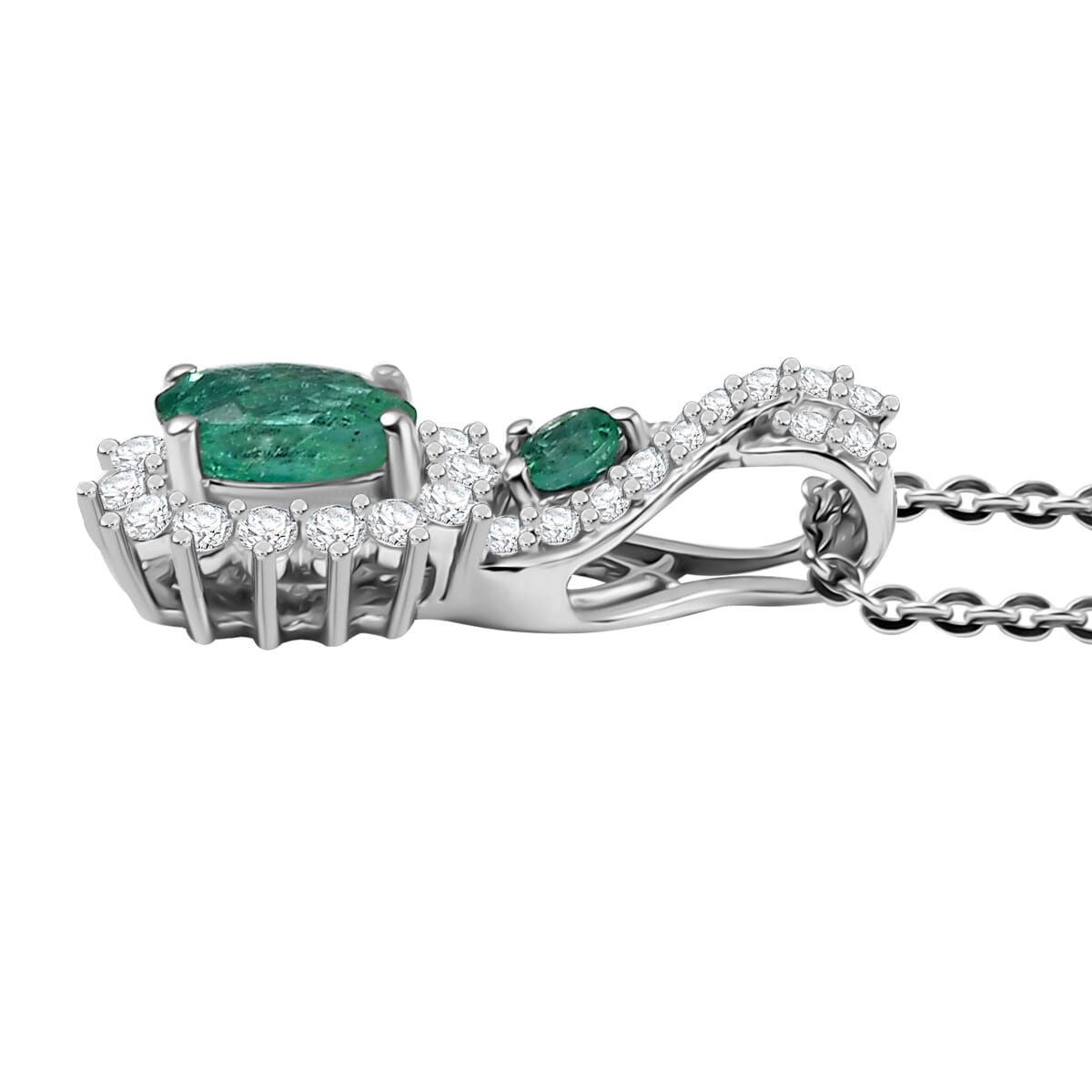 D'Joy Premium Kagem Zambian Emerald and Moissanite 0.90 ctw Eternal Love Pendant Necklace in Rhodium Over Sterling Silver 20 Inches image number 2