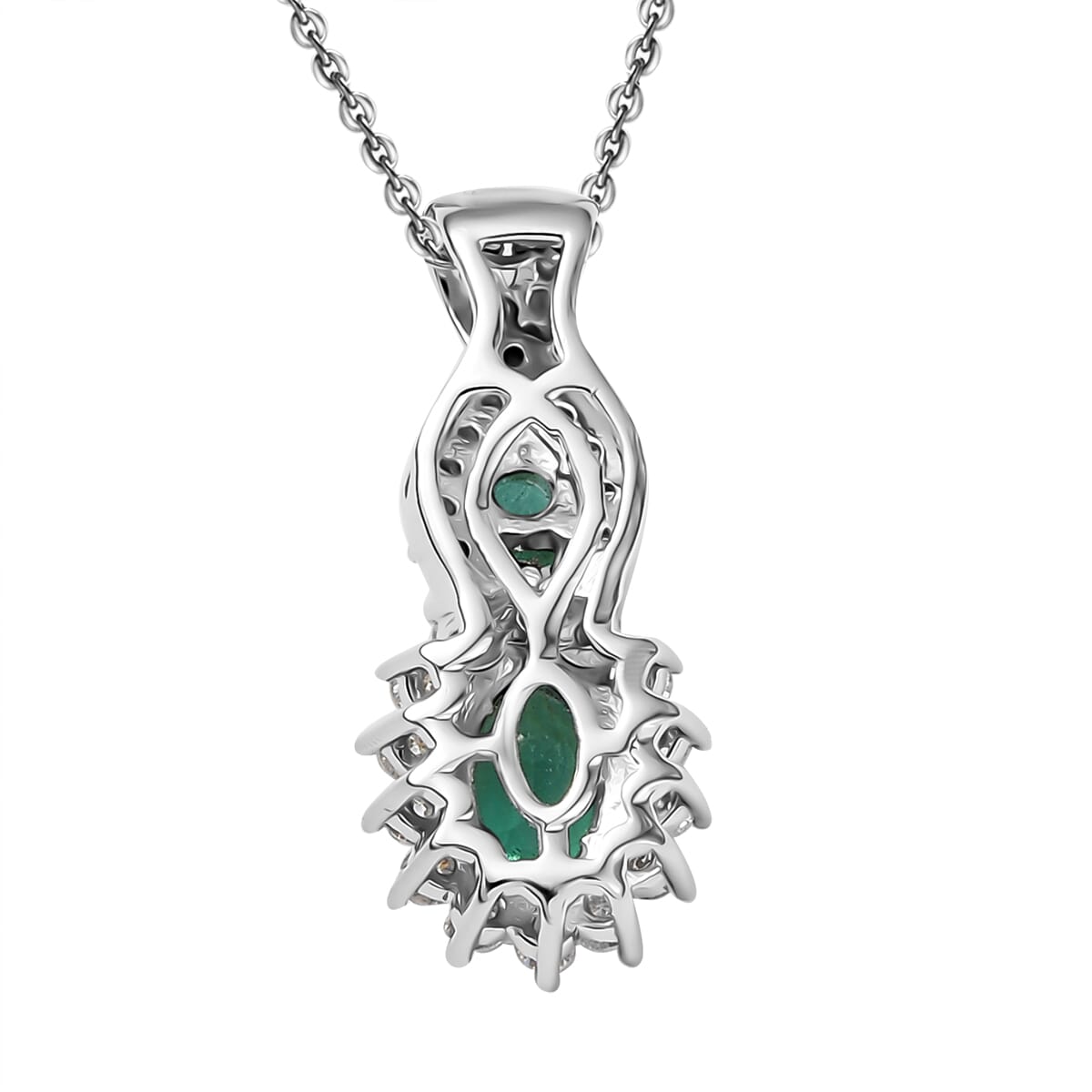 D'Joy Premium Kagem Zambian Emerald and Moissanite 0.90 ctw Eternal Love Pendant Necklace in Rhodium Over Sterling Silver 20 Inches image number 3