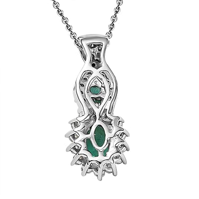 D'Joy Premium Kagem Zambian Emerald and Moissanite 0.90 ctw Eternal Love Pendant Necklace in Rhodium Over Sterling Silver 20 Inches