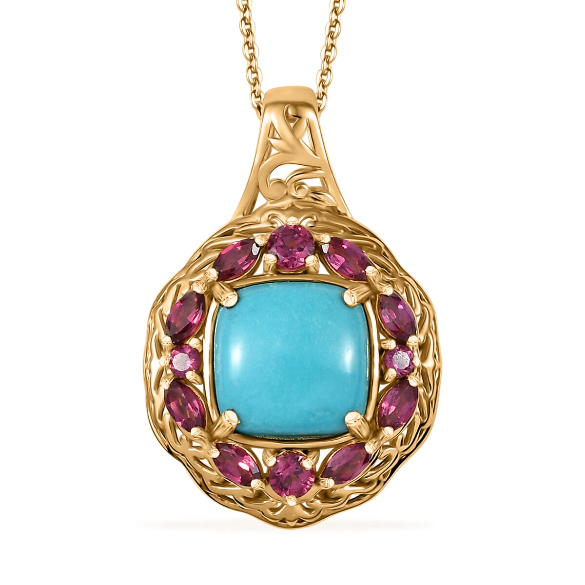 D'Joy Premium Sleeping Beauty Turquoise, Orissa Rhodolite Garnet 4.75 ctw Twilight Bloom Pendant Necklace 20 Inches in 18K Vermeil Yellow Gold Over Sterling Silver   image number 0