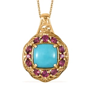 D'Joy Premium Sleeping Beauty Turquoise, Orissa Rhodolite Garnet 4.75 ctw Twilight Bloom Pendant Necklace 20 Inches in 18K Vermeil Yellow Gold Over Sterling Silver  