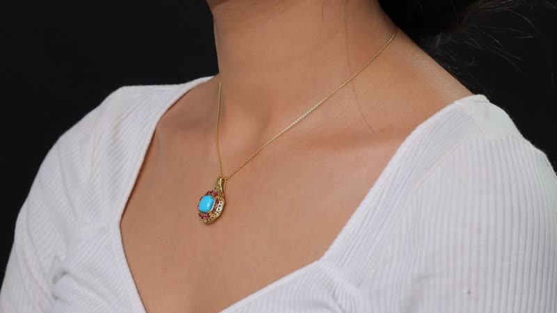 D'Joy Premium Sleeping Beauty Turquoise, Orissa Rhodolite Garnet 4.75 ctw Twilight Bloom Pendant Necklace 20 Inches in 18K Vermeil Yellow Gold Over Sterling Silver