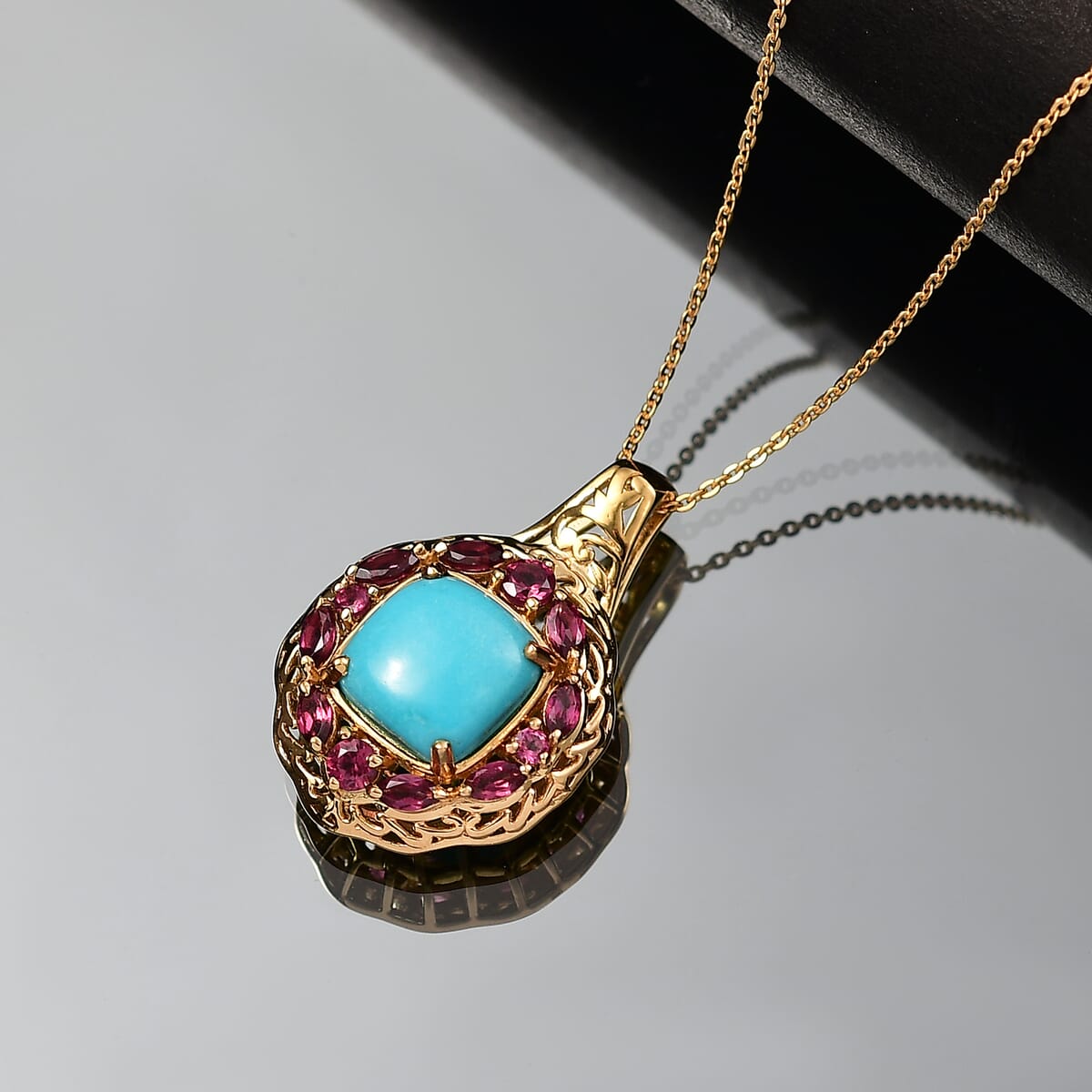 D'Joy Premium Sleeping Beauty Turquoise, Orissa Rhodolite Garnet 4.75 ctw Twilight Bloom Pendant Necklace 20 Inches in 18K Vermeil Yellow Gold Over Sterling Silver   image number 1