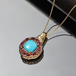 D'Joy Premium Sleeping Beauty Turquoise, Orissa Rhodolite Garnet 4.75 ctw Twilight Bloom Pendant Necklace 20 Inches in 18K Vermeil Yellow Gold Over Sterling Silver  