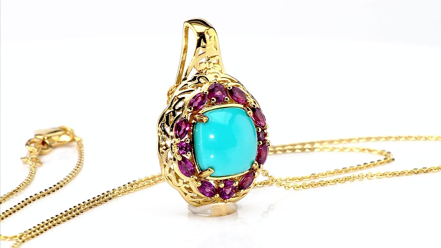 D'Joy Premium Sleeping Beauty Turquoise, Orissa Rhodolite Garnet 4.75 ctw Twilight Bloom Pendant Necklace 20 Inches in 18K Vermeil Yellow Gold Over Sterling Silver